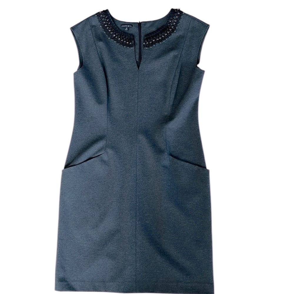 Lafayette 148 Grey Beaded Full Zip Shift Dress Size 14